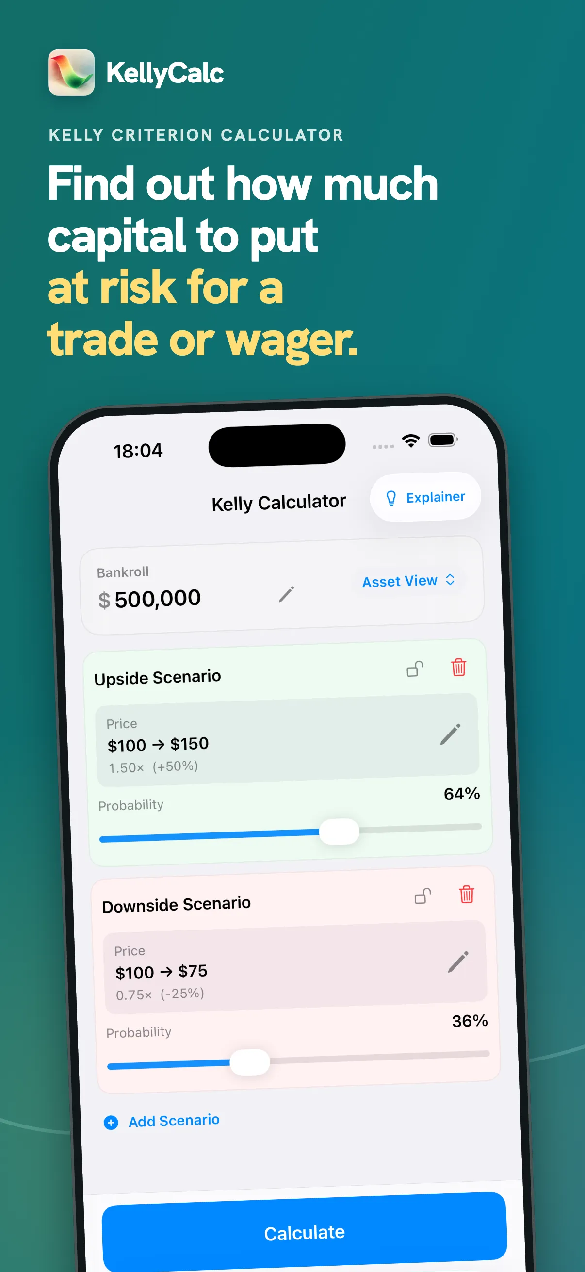 KellyCalc on iPhone: enter a bankroll and upside and downside scenarios to size a position