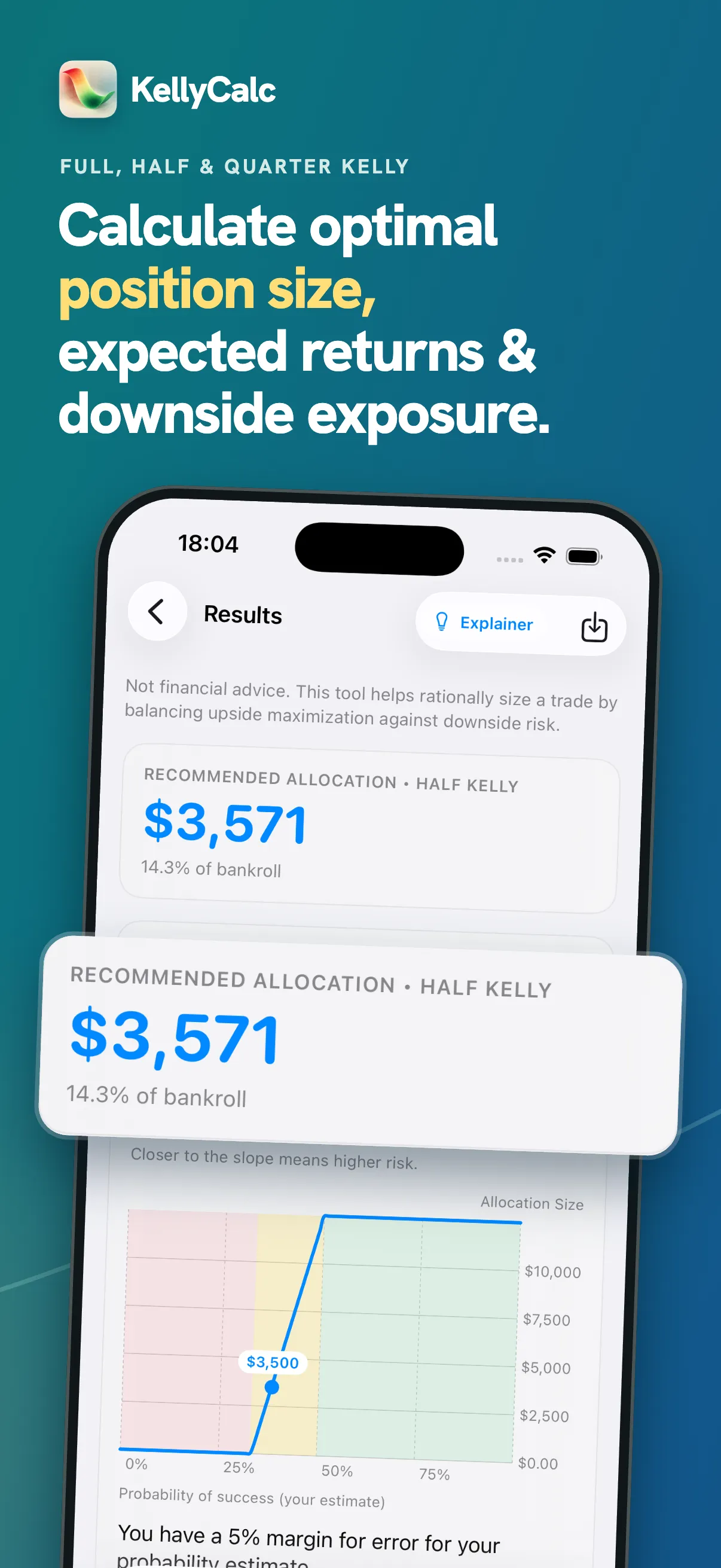 KellyCalc on iPhone: compare Full, Half, and Quarter Kelly allocations