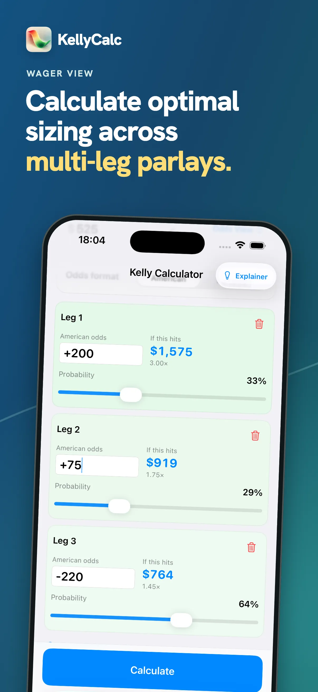 KellyCalc on iPhone: size a bet using the wager view